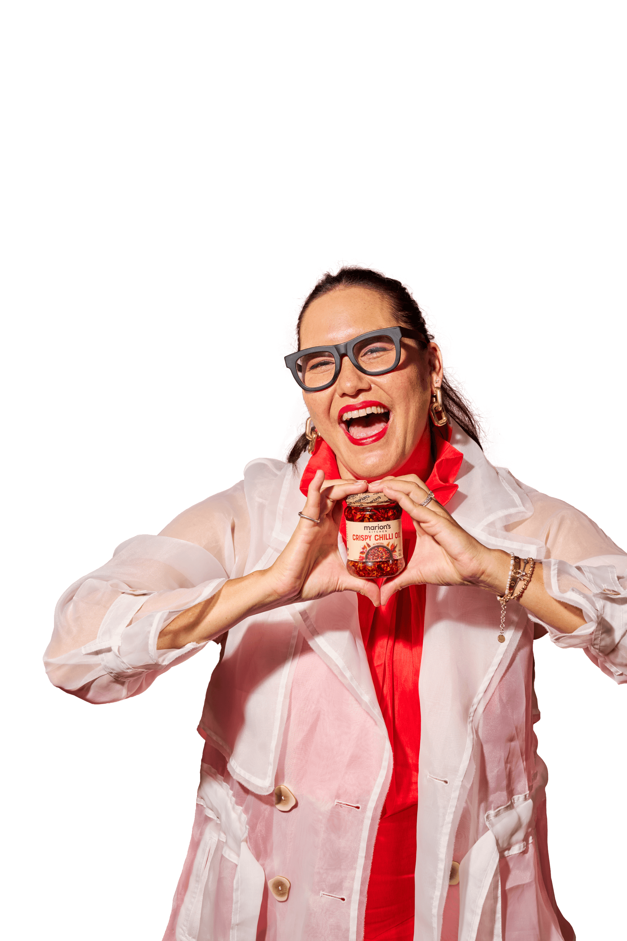 Happy woman making heart gesture